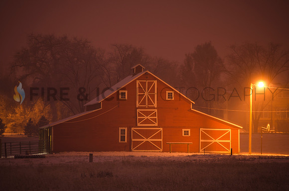 art, barn, colorado, dawn, landscape, louisville, night, photo, photograph, photography, red, sky, snow, winter, yard, farm